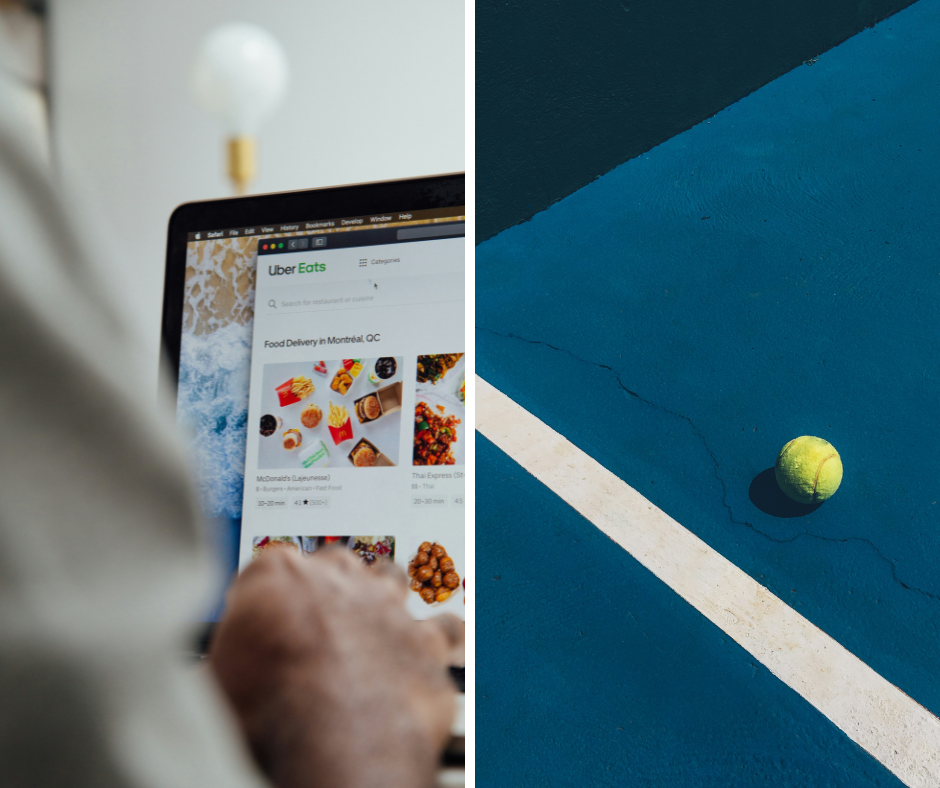 Split screen of a person at a desk with a laptop on UberEats website and a tennis ball resting on a tennis court.